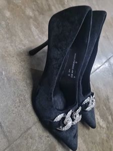 M&amp;S Black Velvet Heels with Rhinestone Buckle