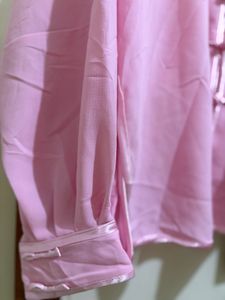 Pink Mandarin Collar Frog Button Shirt