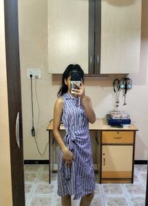 Purple Striped Shirt Dress with Waist Tie
