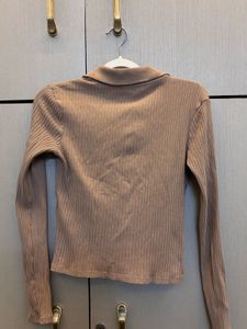 ZARA Ribbed Polo Neck Long Sleeve Top