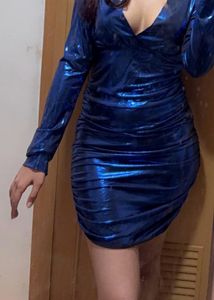Zara XS Blue Metallic Dress V Neck