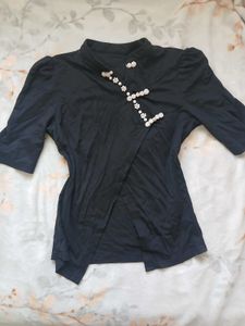Chic Korean Style top with Pearl Embellishments