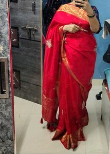 new pure dola silk Red Saree with hand work