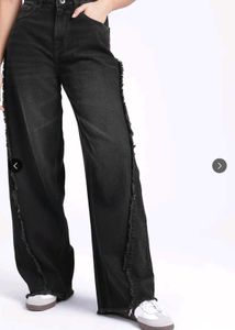 Black Wide Leg Jeans with Frayed Hem