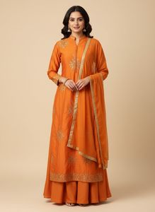 Orange Embroidered Kurta With Skirt