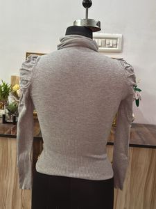 Grey Turtleneck Top with Puff Sleeves