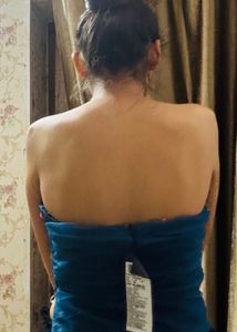 Teal Blue Floral Embroidered Ruched Tube Top
