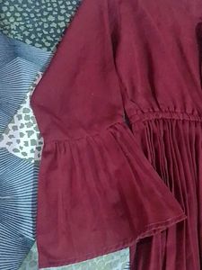 dark Maroon Pleated Bell Sleeve Top