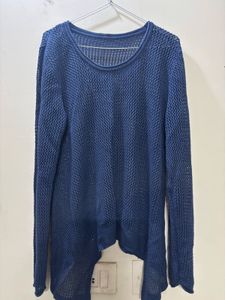 Chic Navy Blue Mesh Knit Sweater