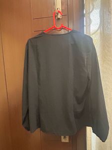 Elegant Black Button-Up Blouse with Sheer Sleeves