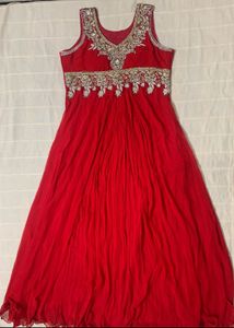 Red Long Flared Gown With Heavy Embroidery