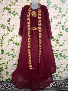 Maroon Dress Set with Gold Embellishments