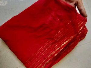 Vibrant Red Saree with Gold Border
