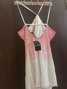 Pink &amp; White Sequin or Sequence Party Halter Dress