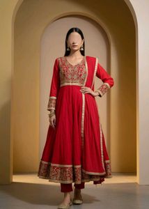 Red Embroidered Anarkali Kurta Set