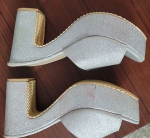 Fancy White Silver Women Block Heel