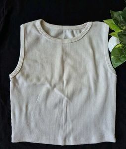 Cream Ribbed Sleeveless Crop Top