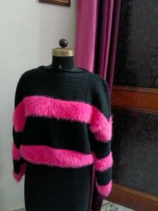 Striped Fur Trimmed Knit Sweater