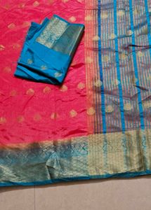 Vibrant Pink Silk Saree with Blue Border