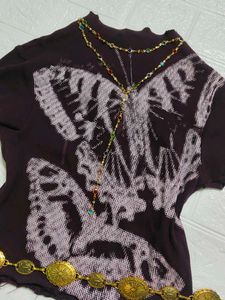 Dark Purple brown Butterfly Print fitted top