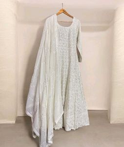 White Anarkali Gown with Dupatta