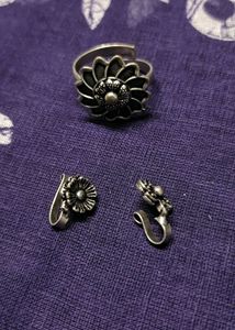 Oxidized Silver Ring & Nose Clip Set