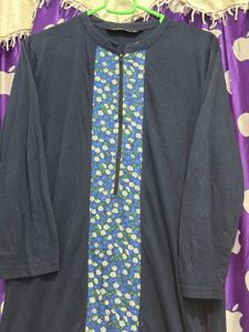 Navy Blue Kurta with Floral Panel