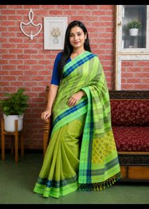 Vibrant Green &amp; Blue Checkered Saree