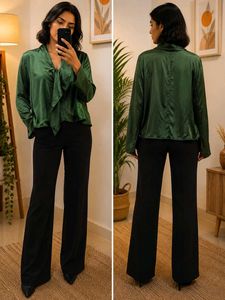 Elegant Green Satin V-Neck Top