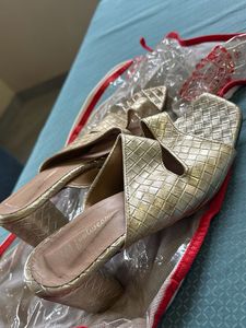 Stylish Gold Woven Block Heels