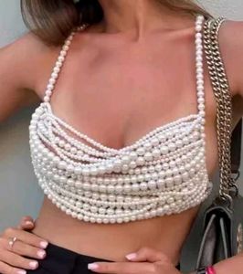 Fashionable Multi-Layer Pearl Beaded Crop Top
