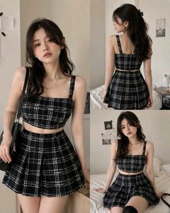 Plaid Crop Top and Pleated Skirt Set