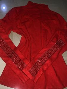 Red Mock Neck Top with Embellishment