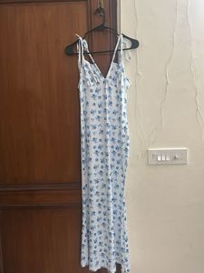 Blue Floral Spaghetti Strap Midi Dress