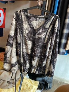 Boho Black & White Print Lace Trim Top