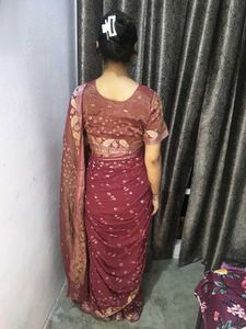 Elegant Maroon Saree with stitched