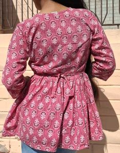 Pink Floral Print Angrakha Kurti