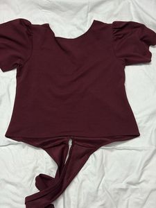 Maroon Puff Sleeve Tie-Back Top