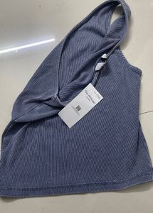 Blue One-Shoulder Ribbed Tank Top