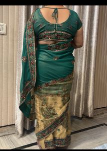 Elegant Green &amp; Gold Embroidered Saree