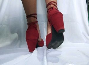 Maroon Lace-Up Block Heels