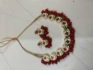 Red Beaded Kundan Necklace Set