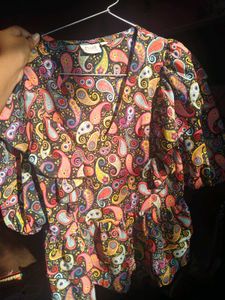 V-Neck Paisley Print Ruffle Sleeve Top