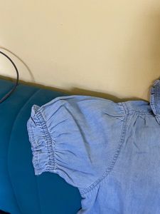 Chic Denim Puff Sleeve Collared Shirt