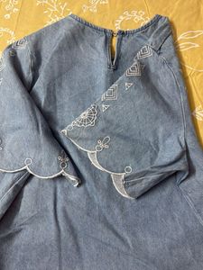 Denim Top with White Embroidery
