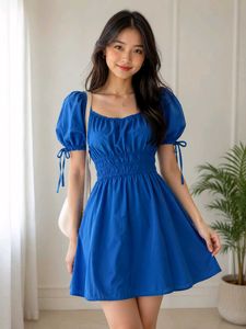 Chic Blue Puff Sleeve Mini Dress