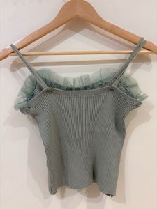 Sage Green Ribbed Tulle Trim Crop Top