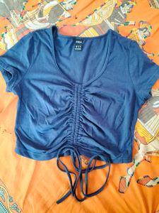 Blue Ruched Drawstring V-Neck Crop Top
