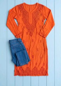 Orange Chikankari Kurta