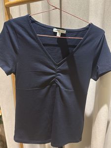 Navy Blue Ruched V-Neck Top